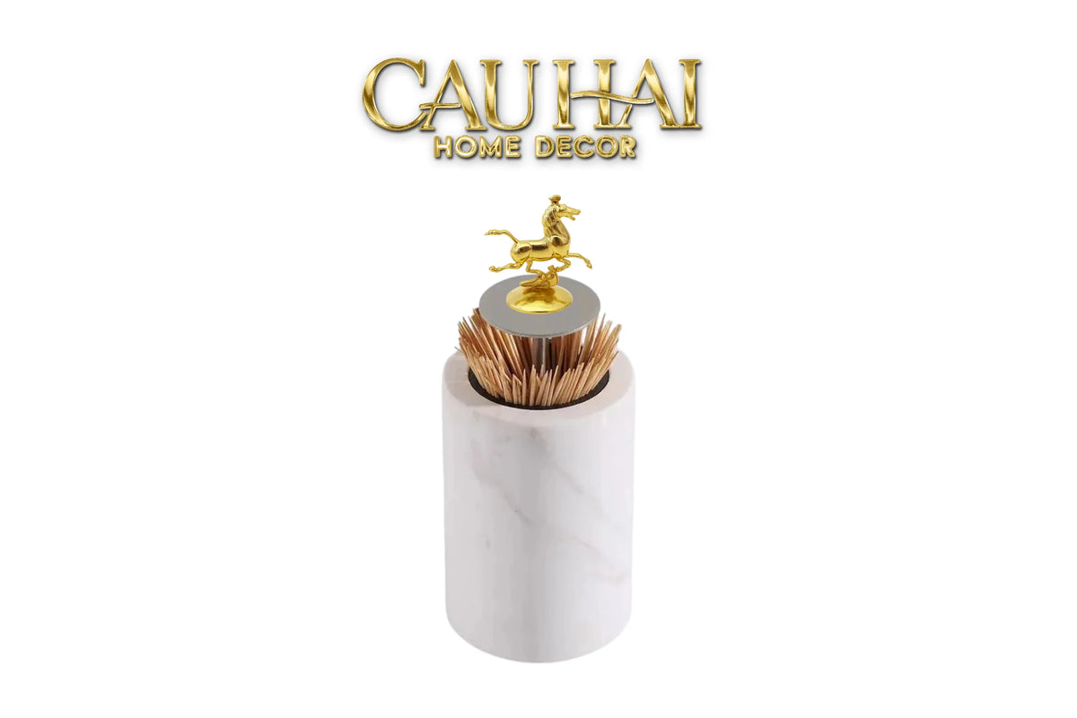 Maison Couture - Lọ Tăm Đá Marble Brasson Sauvage Blanche Marbre D'Ivoire-HŨ TRANG TRÍ-Đối tác tại Trung Quốc theo từng đơn đặt hàng-BRASSON CAVALIER-CẬU HAI HOME DECOR