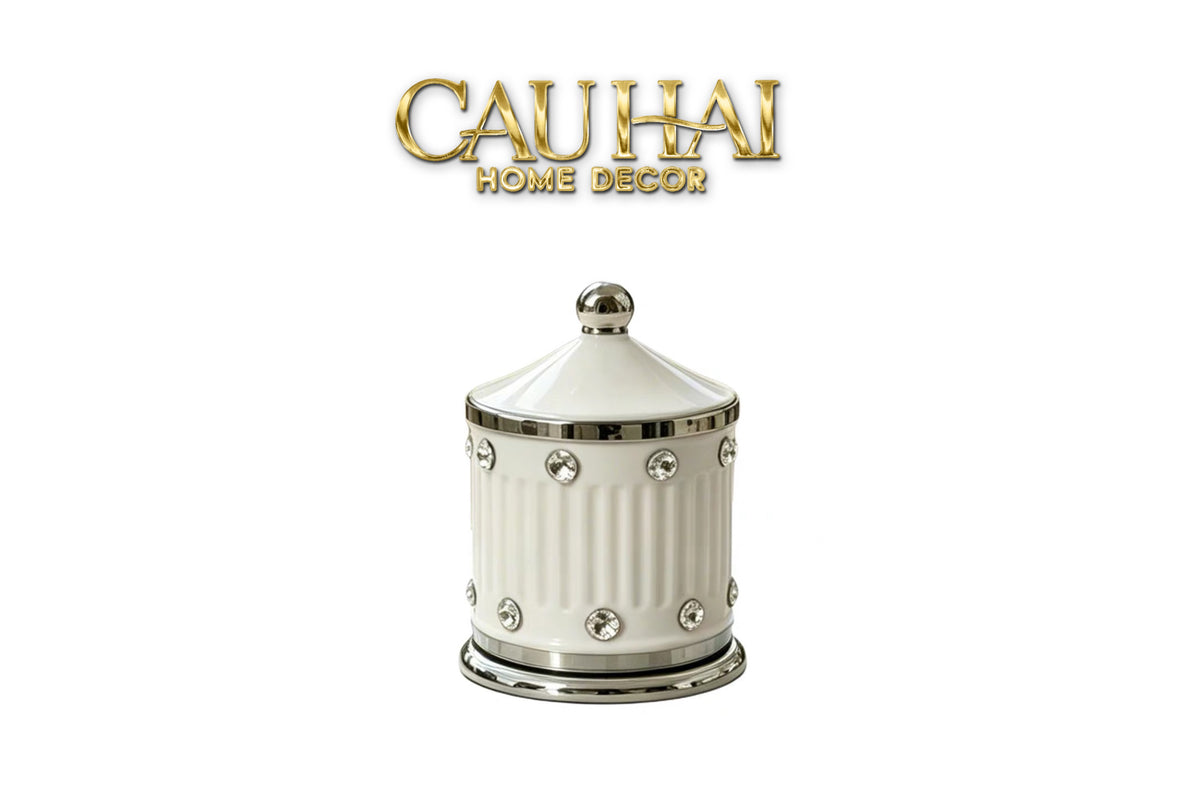 Maison Couture - Lọ Tăm Sứ Đính Đá Bijou Ivoire Argent-Lọ Tăm bông - Bathroom Vanity-CẬU HAI HOME DECOR