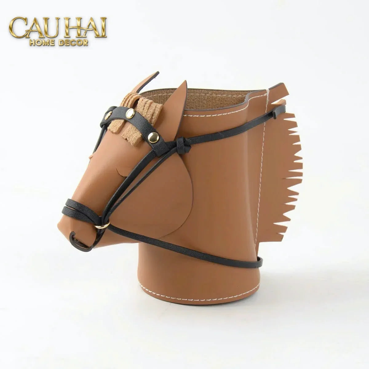 Maison Couture - Lọ Trang Trí Đầu Ngựa Da Thuộc Equestrian Head Leather Saddle Brun Vessel 13x17-CẬU HAI HOME DECOR