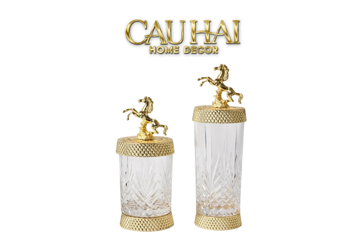 Maison Couture - Set 2 Lọ Kẹo Pha Lê Phối Đồng Cheval Cabré – Brasson Cristalleries Canister 9x20/25-Lọ kẹo Canister Bonbonnière-CẬU HAI HOME DECOR