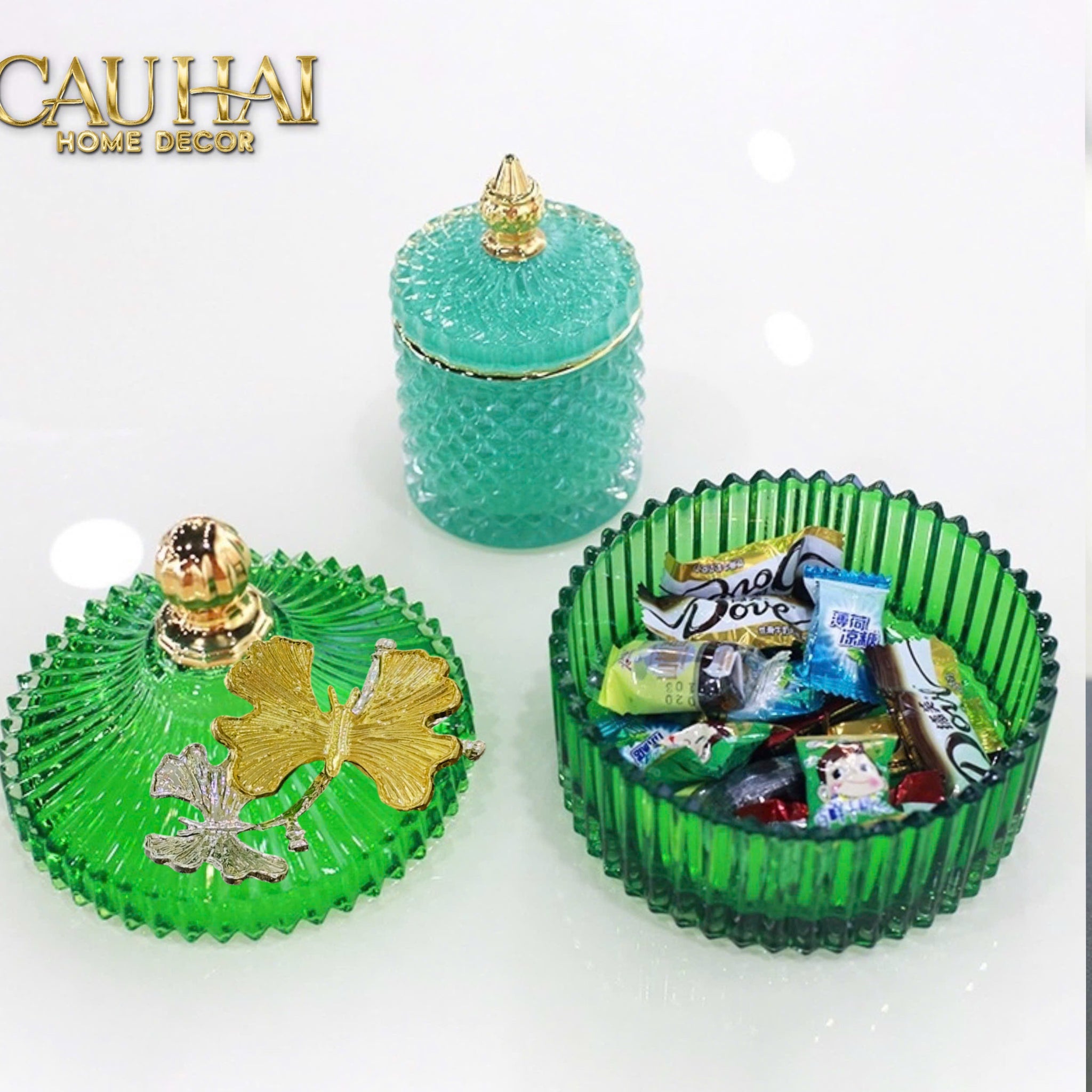 Maison Couture - Set 2 Lọ Kẹo Thuỷ Tinh Papillon Émeraude Royale-Lọ kẹo Canister Bonbonnière-CẬU HAI HOME DECOR
