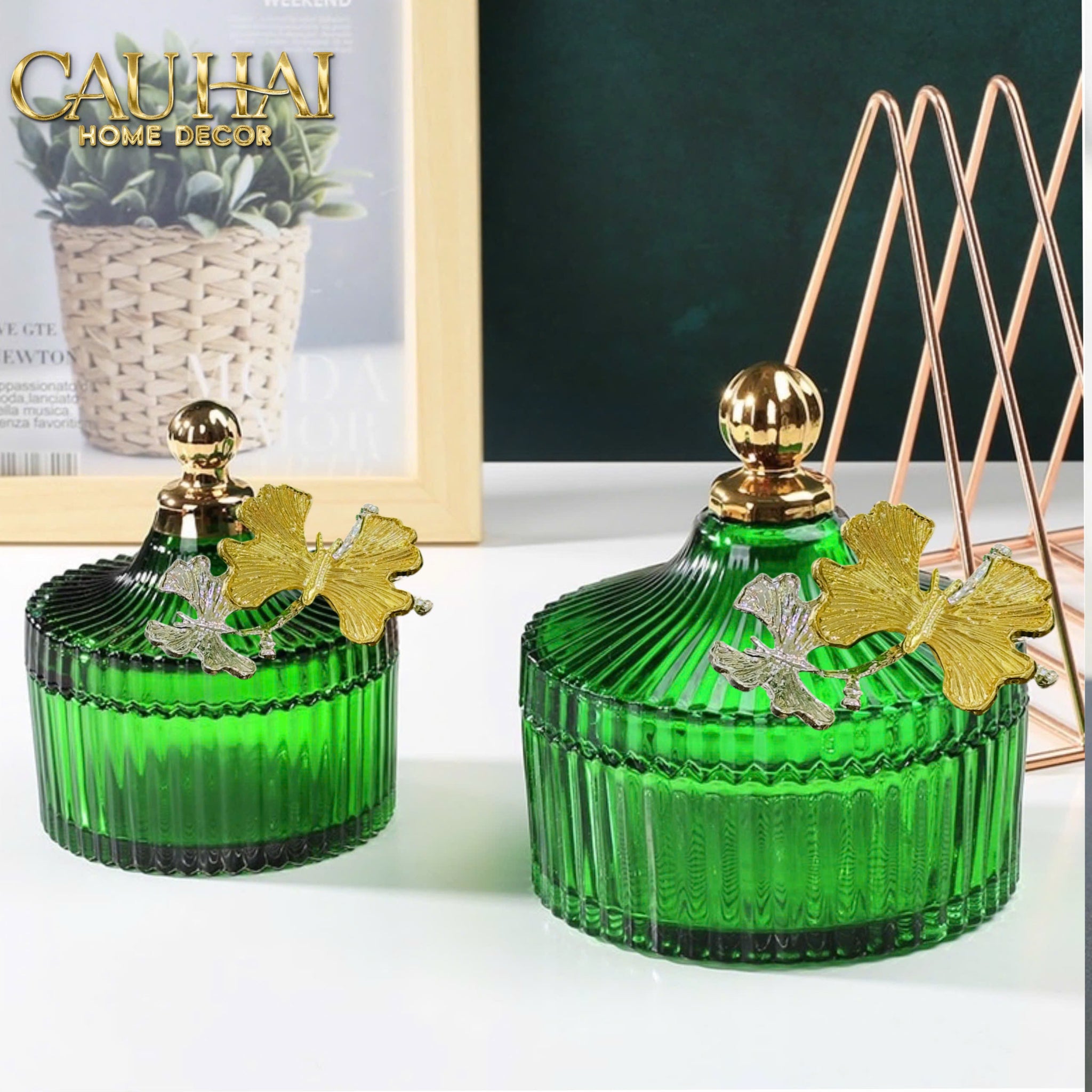 Maison Couture - Set 2 Lọ Kẹo Thuỷ Tinh Papillon Émeraude Royale-Lọ kẹo Canister Bonbonnière-CẬU HAI HOME DECOR