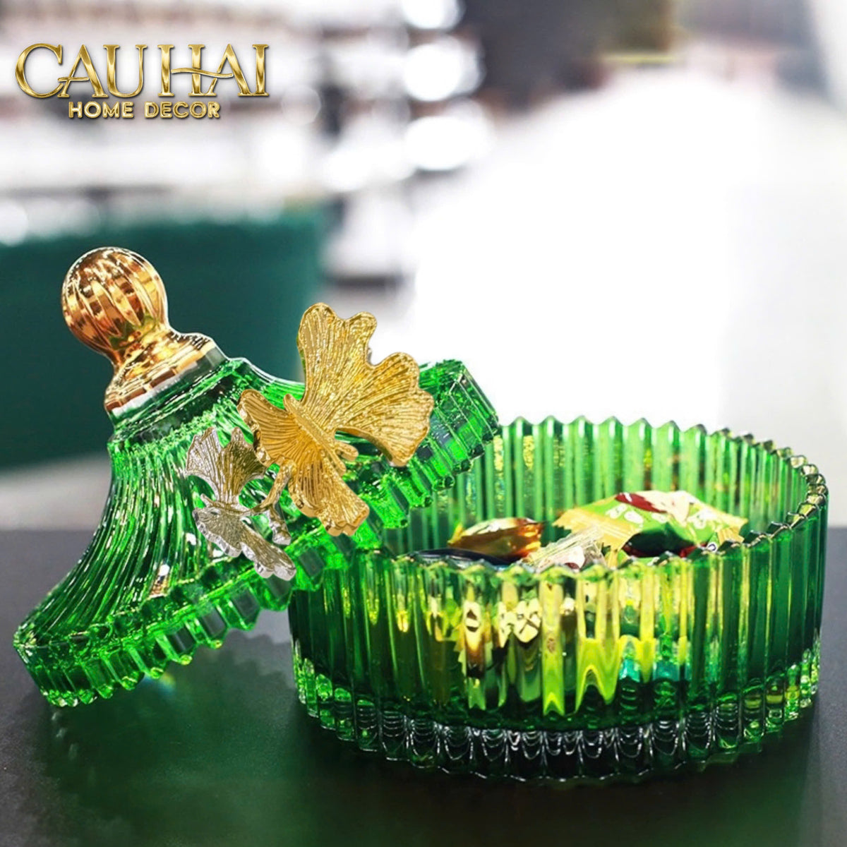 Maison Couture - Set 2 Lọ Kẹo Thuỷ Tinh Papillon Émeraude Royale-Lọ kẹo Canister Bonbonnière-CẬU HAI HOME DECOR-CẬU HAI HOME DECOR