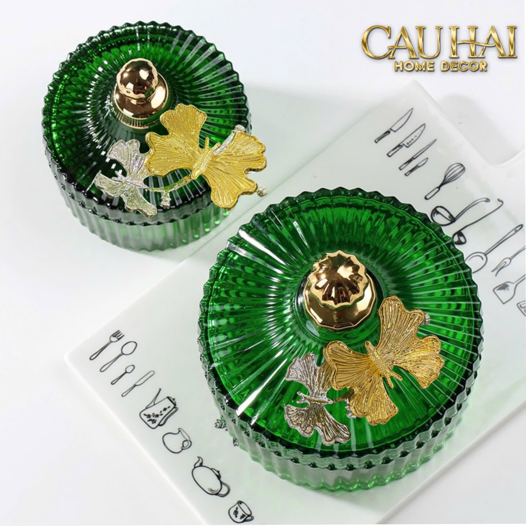 Maison Couture - Set 2 Lọ Kẹo Thuỷ Tinh Papillon Émeraude Royale-Lọ kẹo Canister Bonbonnière-CẬU HAI HOME DECOR
