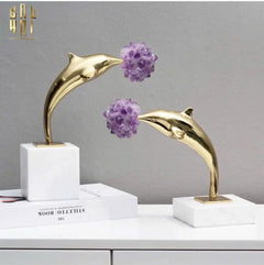 Maison Couture - Set 2 Tượng Cá Heo Bằng Đồng Đá Thạch Anh Tím - Brasson Dolphin Serendipity Amethyst 17x22/28-CẬU HAI HOME DECOR
