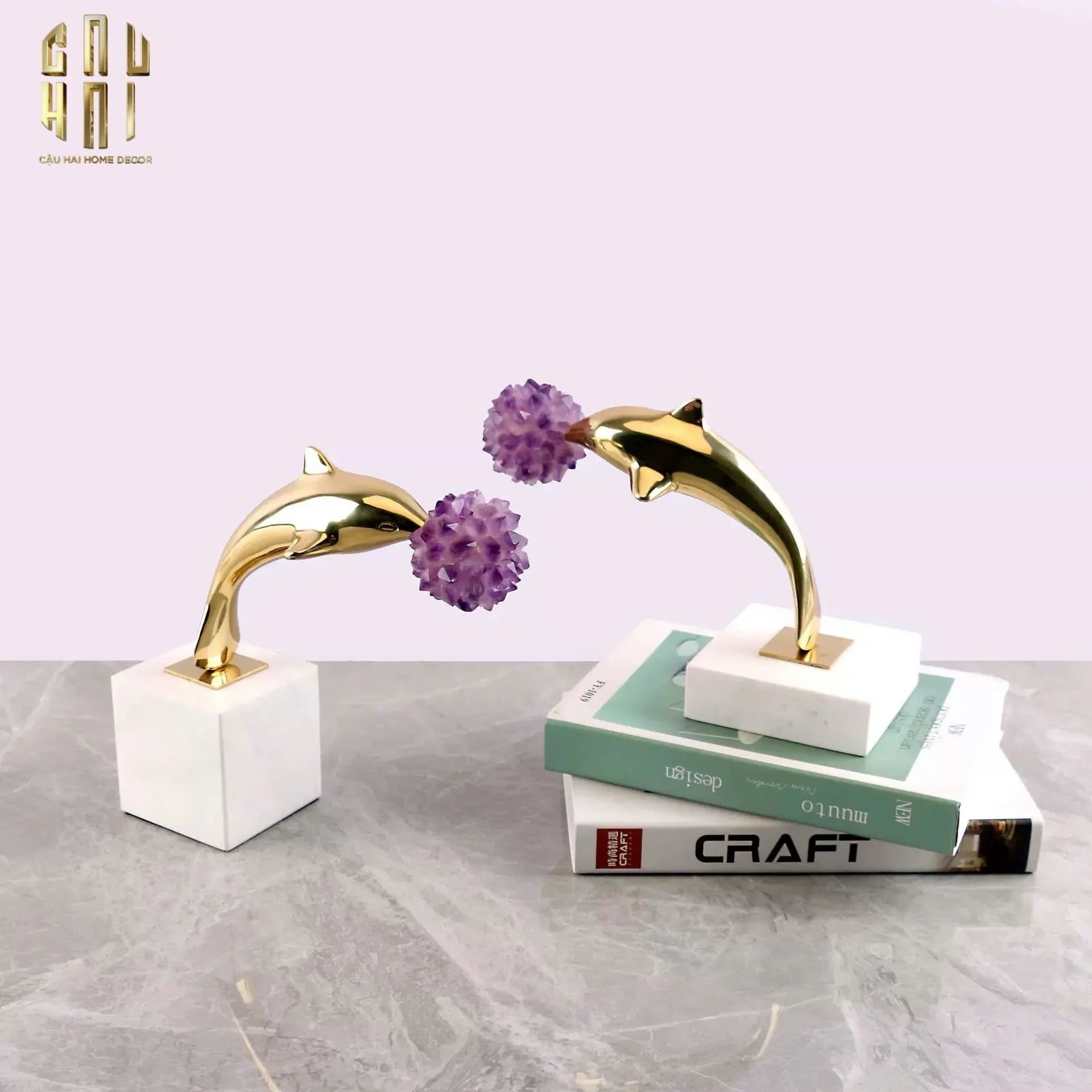 Maison Couture - Set 2 Tượng Cá Heo Bằng Đồng Đá Thạch Anh Tím - Brasson Dolphin Serendipity Amethyst 17x22/28-CẬU HAI HOME DECOR