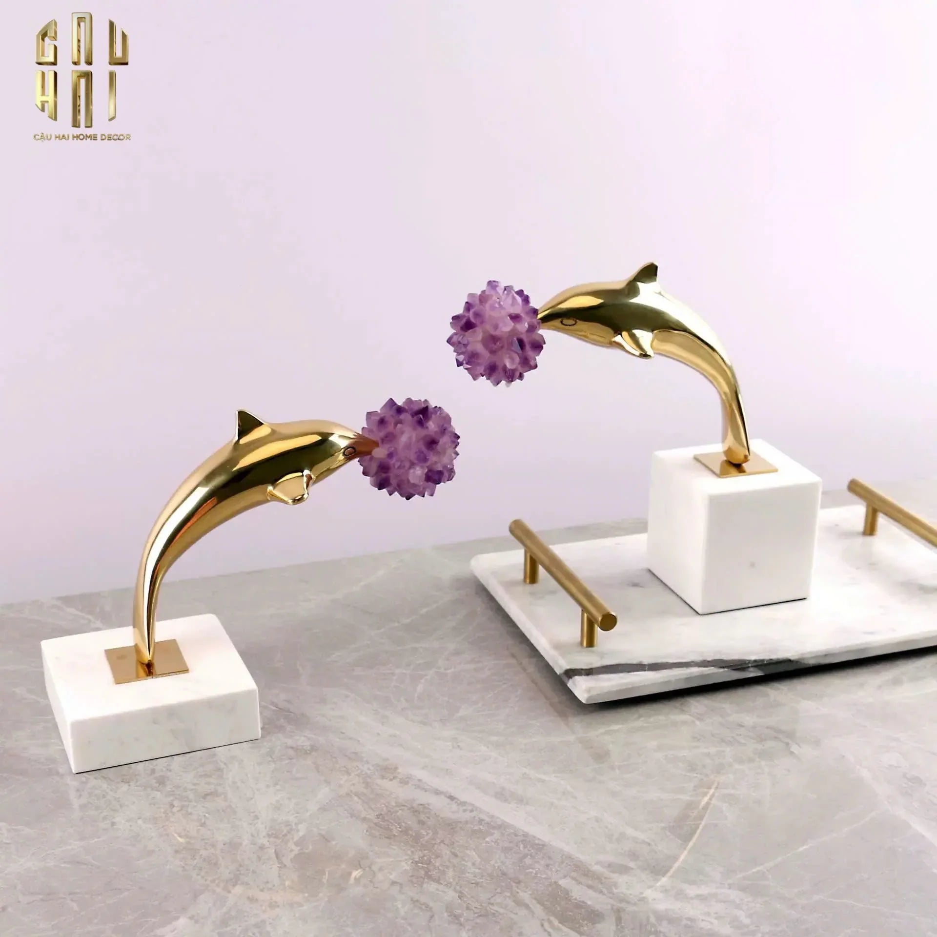 Maison Couture - Set 2 Tượng Cá Heo Bằng Đồng Đá Thạch Anh Tím - Brasson Dolphin Serendipity Amethyst 17x22/28-CẬU HAI HOME DECOR