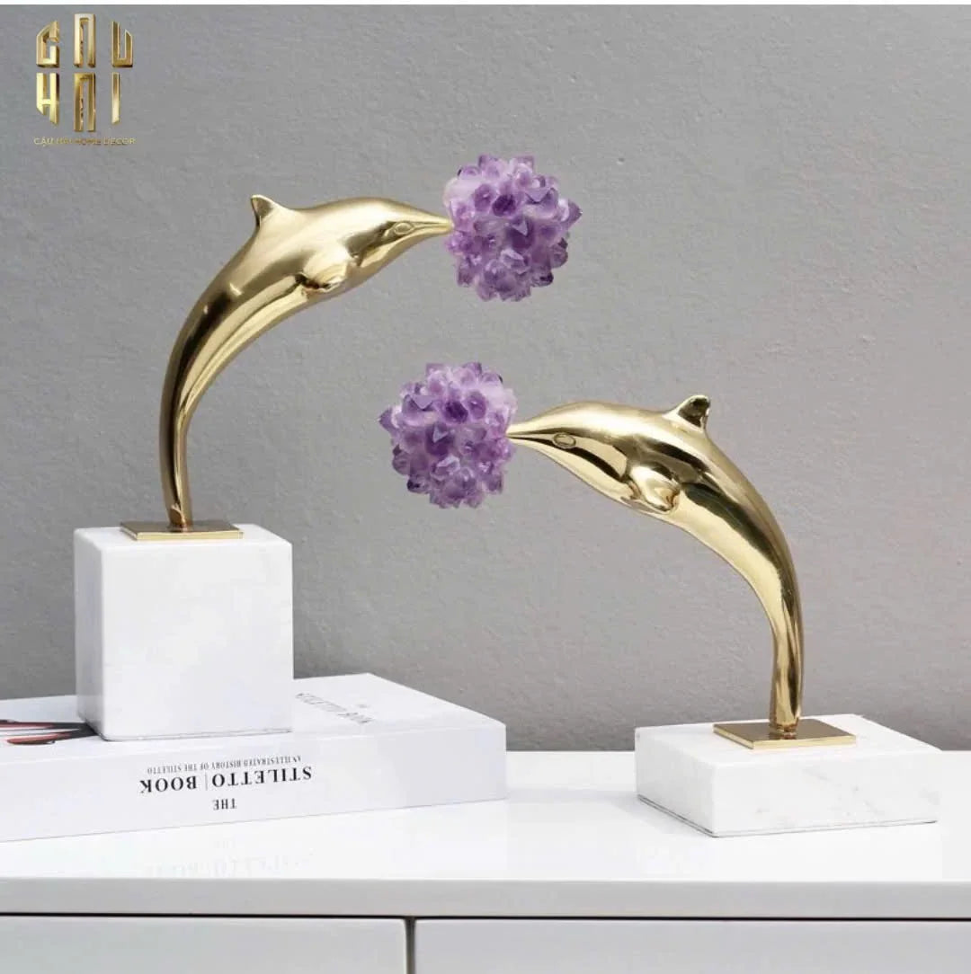 Maison Couture - Set 2 Tượng Cá Heo Bằng Đồng Đá Thạch Anh Tím - Brasson Dolphin Serendipity Amethyst 17x22/28-CẬU HAI HOME DECOR