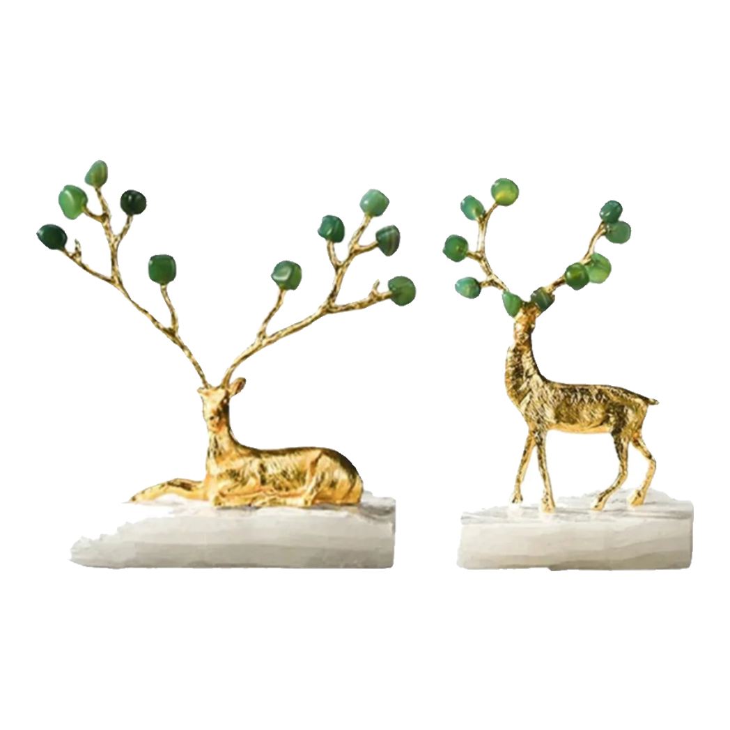 Maison Couture - Set 2 Tượng Hươu Đồng Đá Florite Green Đế Đá Quartz- Jupiter Elks Duo Deity 15x21 14x20