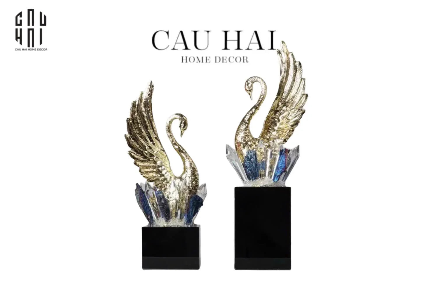 Maison Couture - Set 2 Tượng Thiên Nga Bằng Đồng Đính Pha Lê - Swan D’Amour Azure Cristalleries 15x25/28-CẬU HAI HOME DECOR