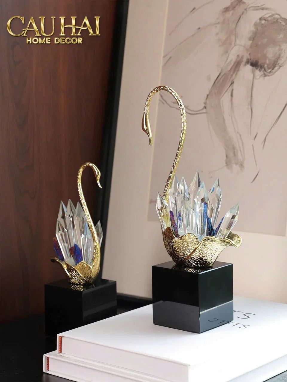 Maison Couture - Set 2 Tượng Thiên Nga Bằng Đồng Đính Pha Lê - Swan D’Amour Azure Cristalleries 15x25/28-CẬU HAI HOME DECOR