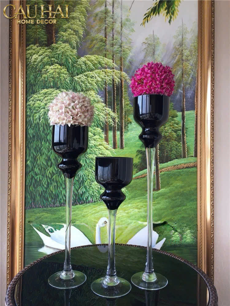 Maison Couture - Set 3 Bình Hoa Pha Lê Đen Chân Cao Allure Cristallerie Noire Rituel 40/50/60 - CẬU HAI HOME DECOR