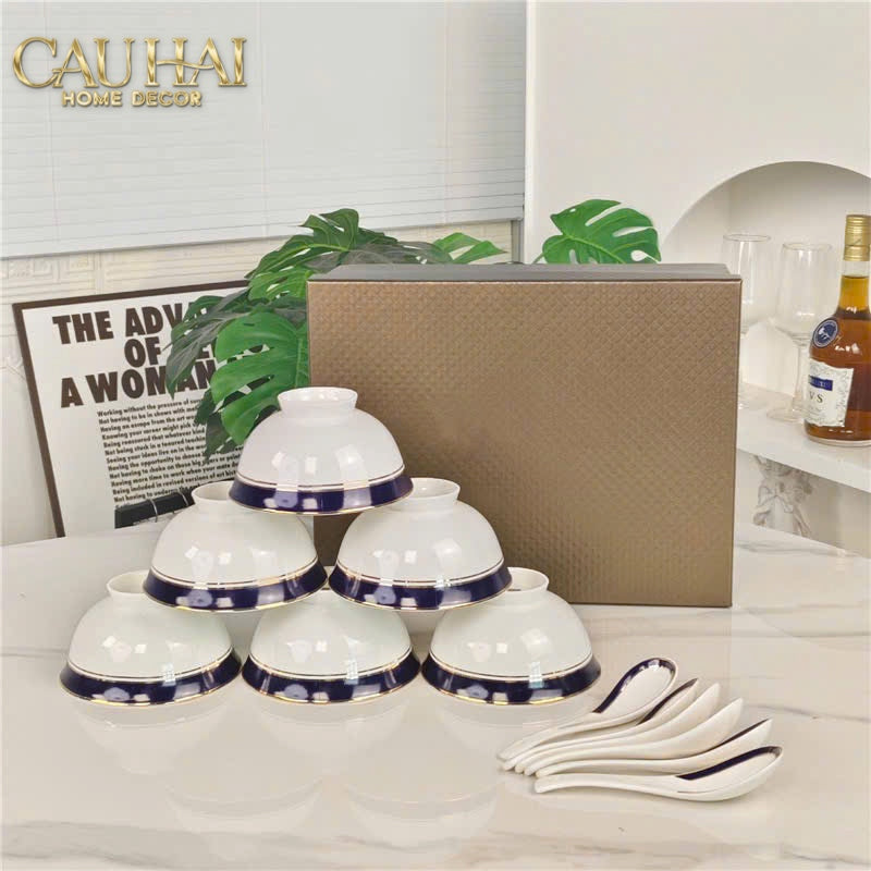 Maison Couture - Set 6 Chén Kèm Muỗng Sứ Belle Vie Luxe Blanc & Bleu Minuit Signature 12 Pcs-SET CHÉN DĨA-CẬU HAI HOME DECOR-CẬU HAI HOME DECOR