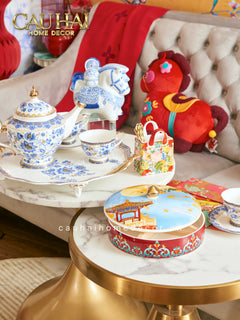 Maison Couture – Set Bình Trà Khay Sứ 6 Tách Indochine Héritage Indigo Blue Floral Porcelain 10Pcs-CẬU HAI HOME DECOR