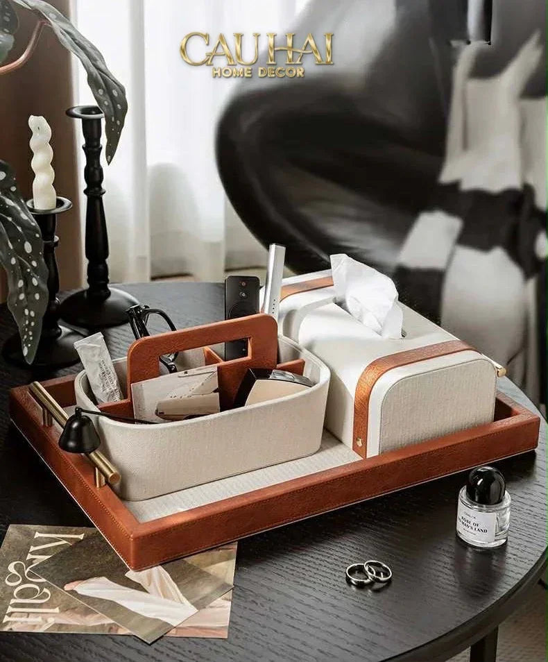 Maison Couture - Set Khay Hộp Giấy Canvas Lux Leather Havana 3Pcs-CẬU HAI HOME DECOR