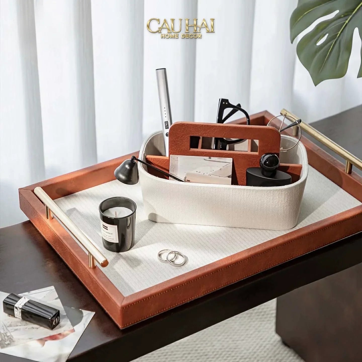 Maison Couture - Set Khay Hộp Giấy Canvas Lux Leather Havana 3Pcs-CẬU HAI HOME DECOR