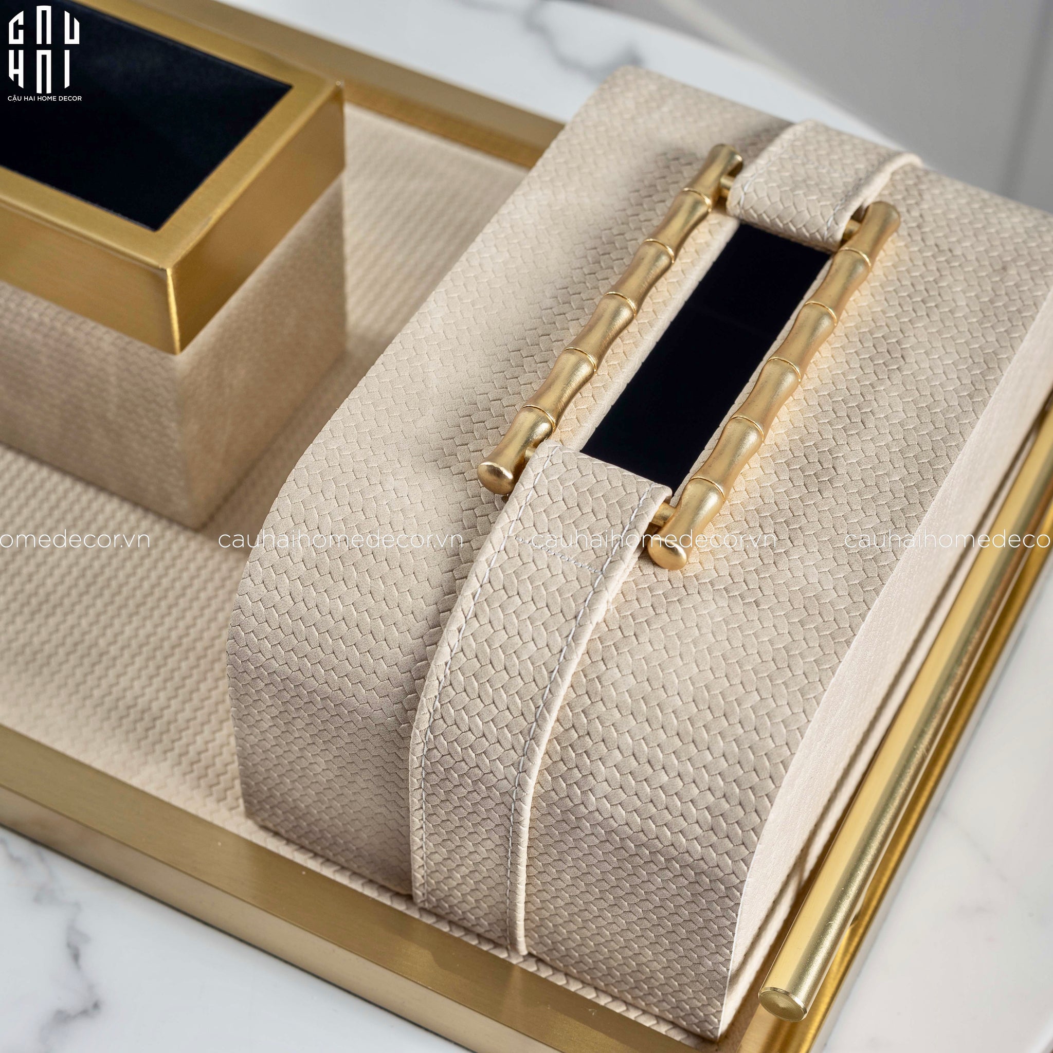 Maison Couture - Set Khay Hộp Giấy Gỗ Sồi Da Cao Cấp Héritage Bamboo 3Pcs 30x40 - Dolce Latte-CẬU HAI HOME DECOR