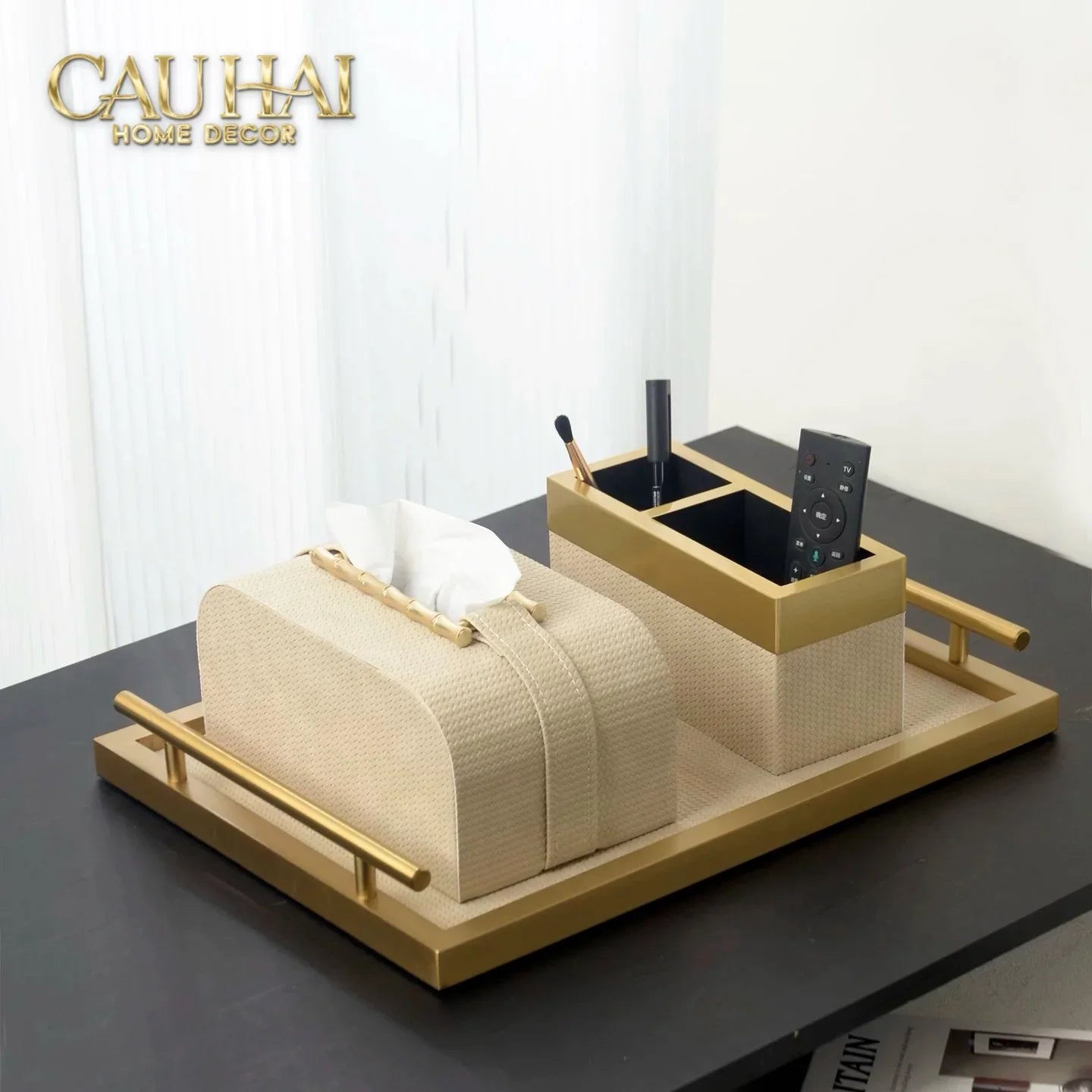 Maison Couture - Set Khay Hộp Giấy Gỗ Sồi Da Cao Cấp Héritage Bamboo 3Pcs 30x40 - Dolce Latte-CẬU HAI HOME DECOR