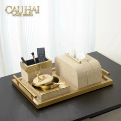 Maison Couture - Set Khay Hộp Giấy Gỗ Sồi Da Cao Cấp Héritage Bamboo 3Pcs 30x40 - Dolce Latte-CẬU HAI HOME DECOR