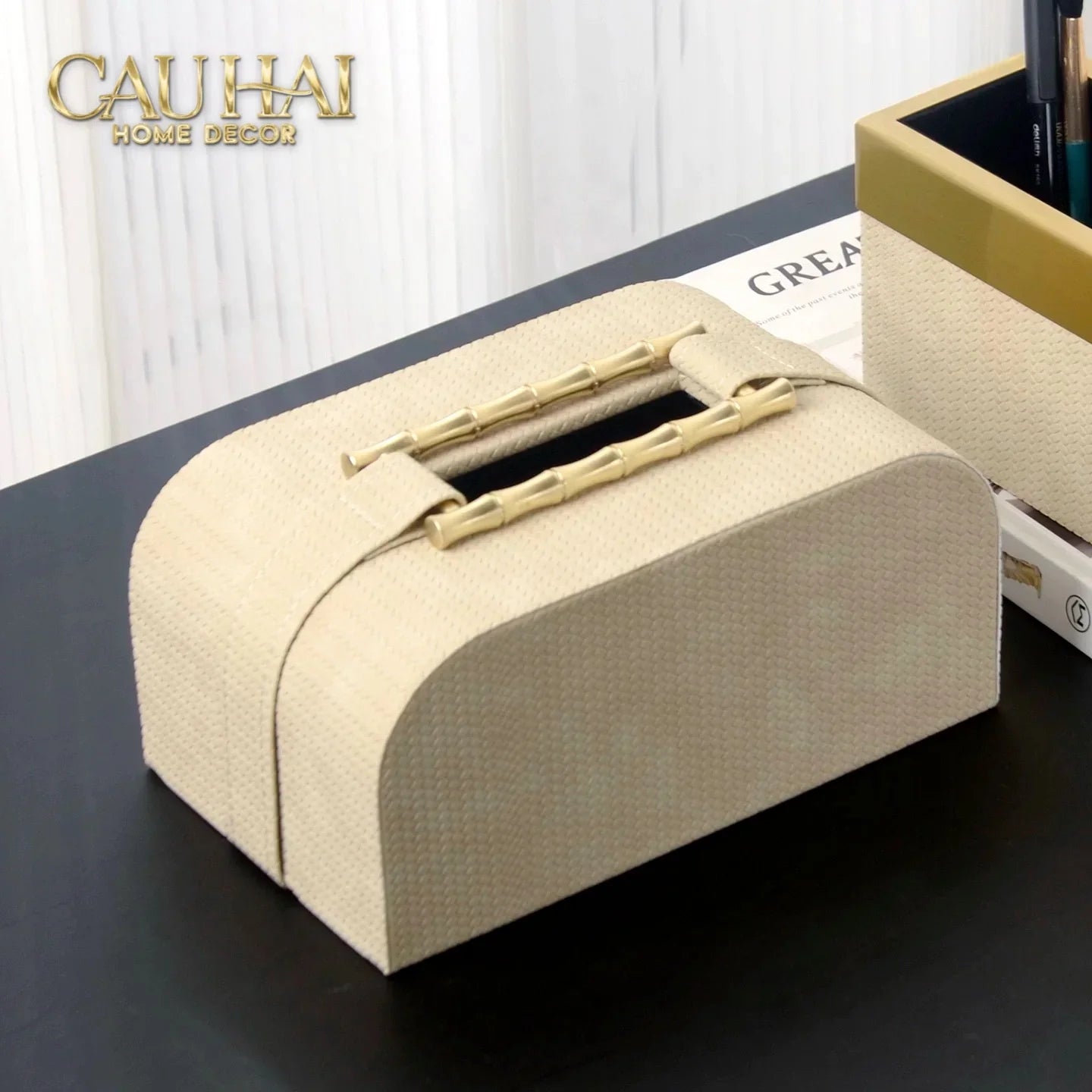 Maison Couture - Set Khay Hộp Giấy Gỗ Sồi Da Cao Cấp Héritage Bamboo 3Pcs 30x40 - Dolce Latte-CẬU HAI HOME DECOR