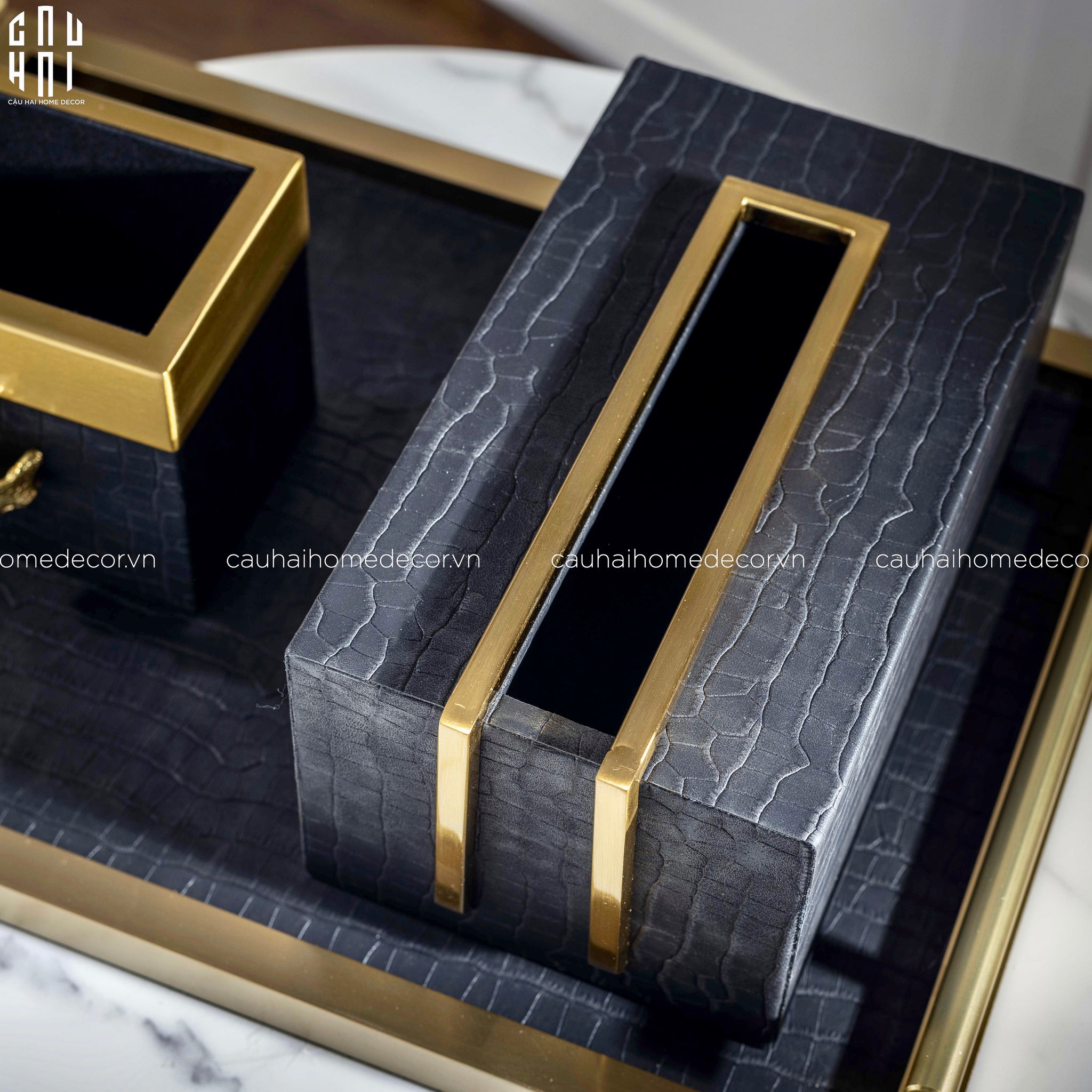Maison Couture - Set Khay Hộp Giấy Gỗ Sồi Da Cao Cấp - Luxe Oakwood Birkin Noire Vanities 3Pcs 30x40-CẬU HAI HOME DECOR
