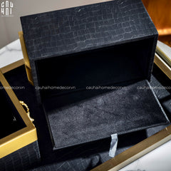 Maison Couture - Set Khay Hộp Giấy Gỗ Sồi Da Cao Cấp - Luxe Oakwood Birkin Noire Vanities 3Pcs 30x40-CẬU HAI HOME DECOR