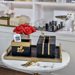 Maison Couture - Set Khay Hộp Giấy Gỗ Sồi Da Cao Cấp - Luxe Oakwood Birkin Noire Vanities 3Pcs 30x40-CẬU HAI HOME DECOR