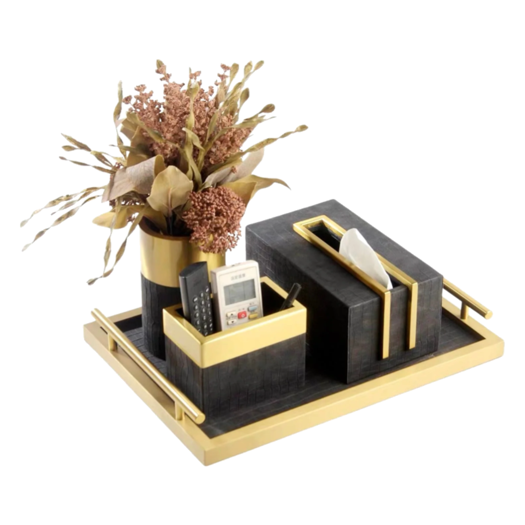 Maison Couture - Set Khay Hộp Giấy Gỗ Sồi Da Cao Cấp Có Bình Hoa - Luxe Oakwood Birkin Noire Vanities 4Pcs 30x40