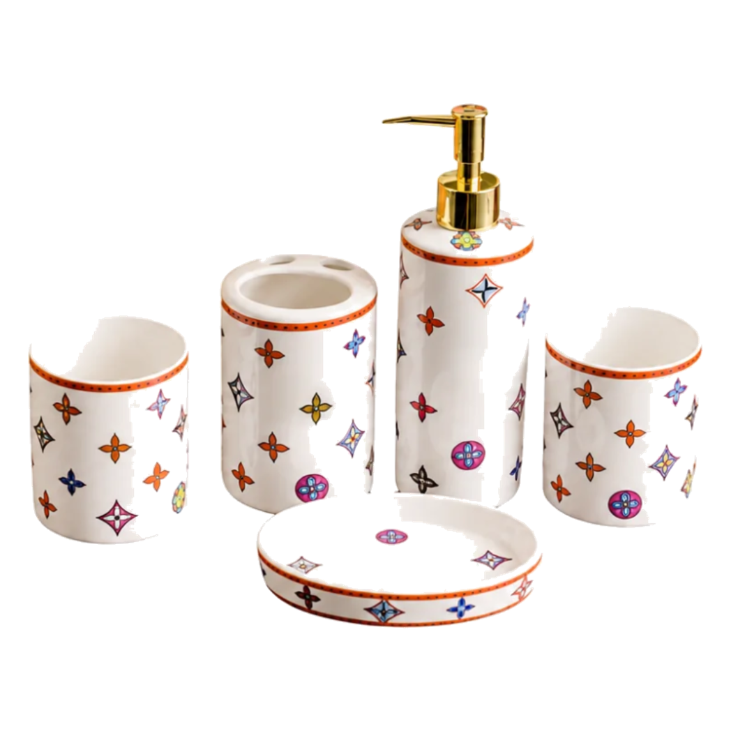 Maison Couture - Set Nhà Tắm Gốm Sứ 5 Món Monogram Coloré D'Or 5pcs