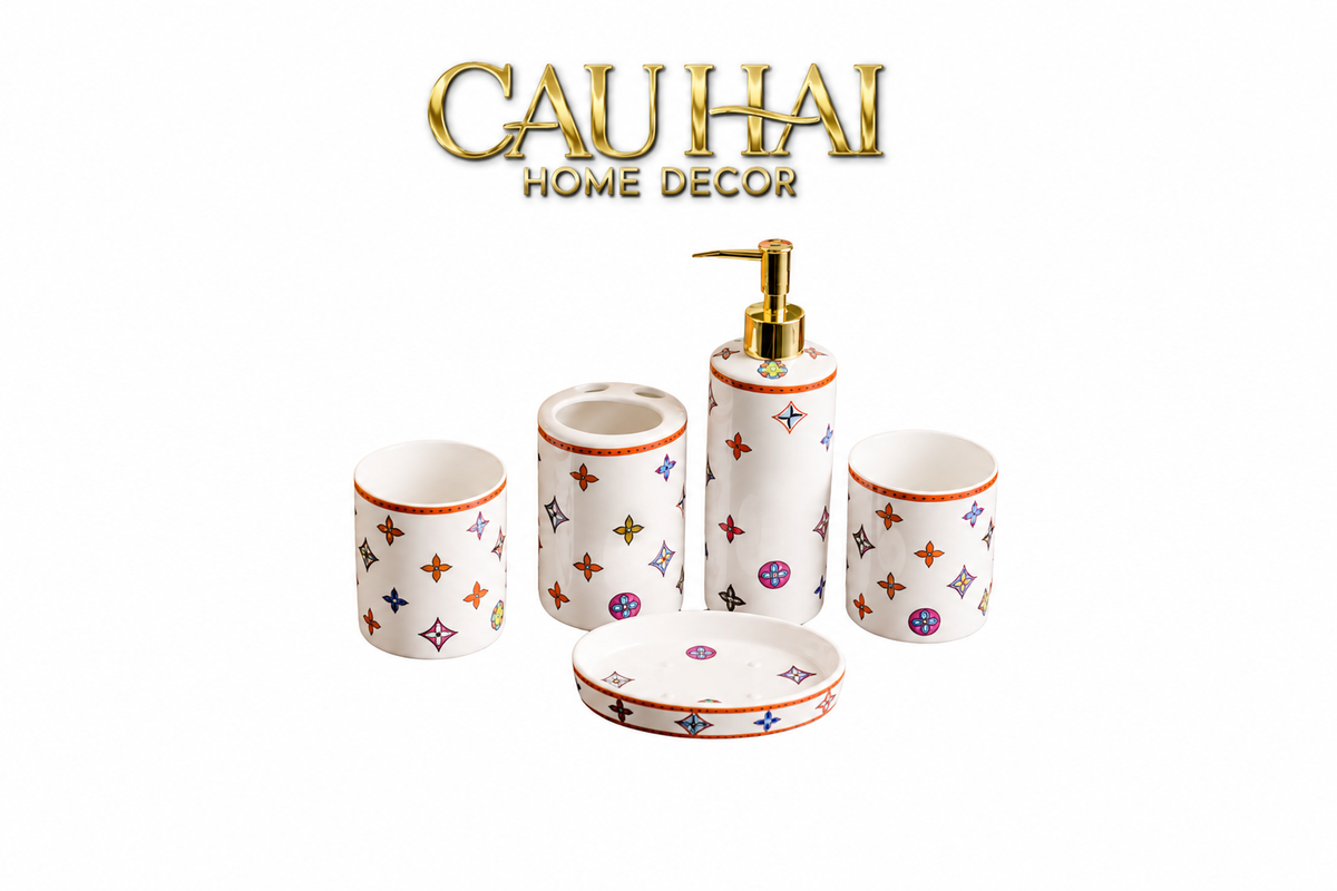Maison Couture - Set Nhà Tắm Gốm Sứ 5 Món Monogram Coloré D'Or 5pcs-Set nhà tắm bathroom vanities-CẬU HAI HOME DECOR-CẬU HAI HOME DECOR