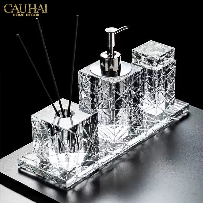 Maison Couture - Set Nhà Tắm Pha Lê Lumière Cristalleries Bathroom Vanity Set - Smoky Cannage Facetté Set 4pcs-PHỤ KIỆN NHÀ TẮM-CẬU HAI HOME DECOR