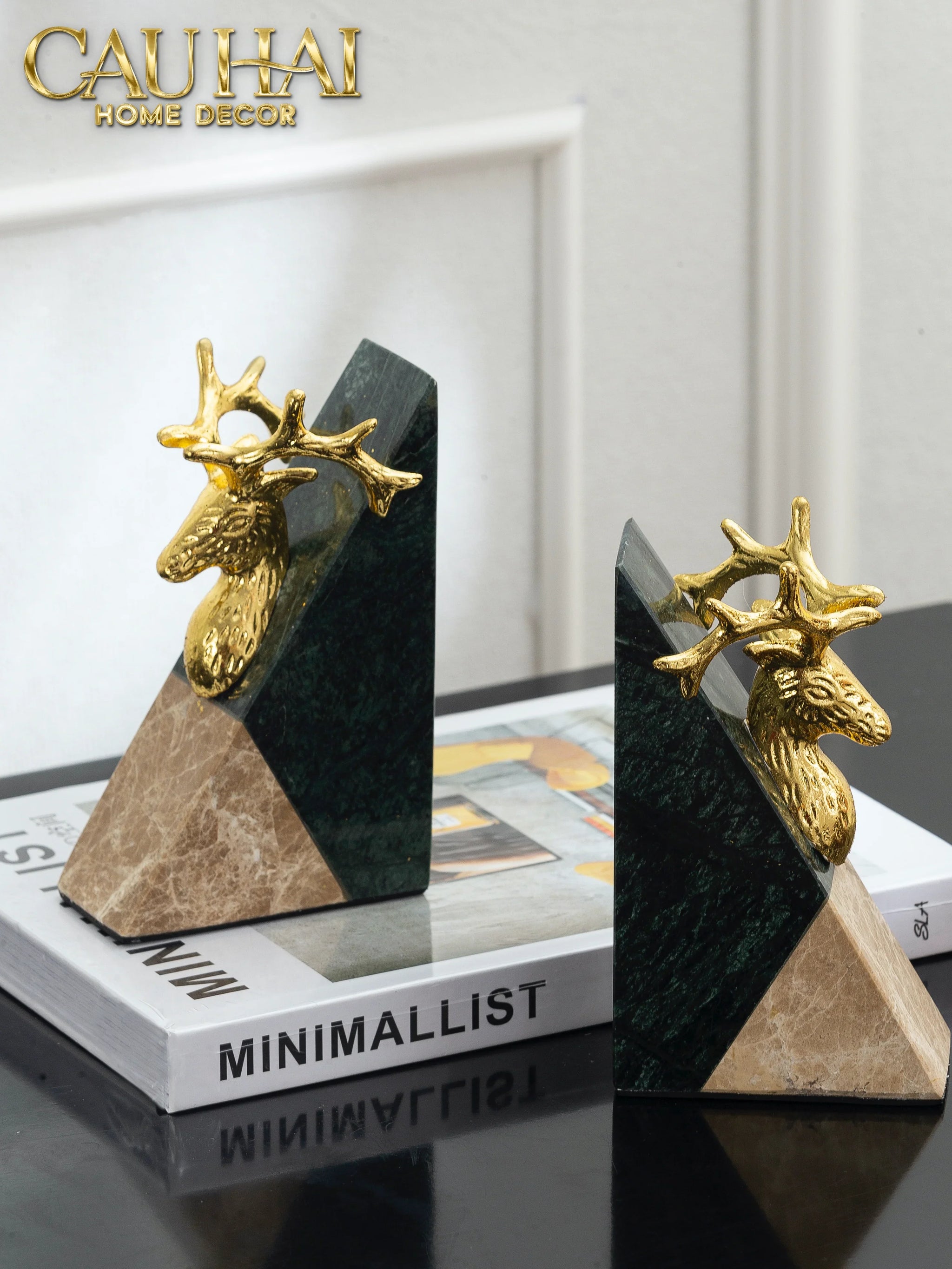 Maison Couture - Set Tượng Chặn Sách Đá Marble Brasson Divine Antler Bookend 20x10x15-CẬU HAI HOME DECOR