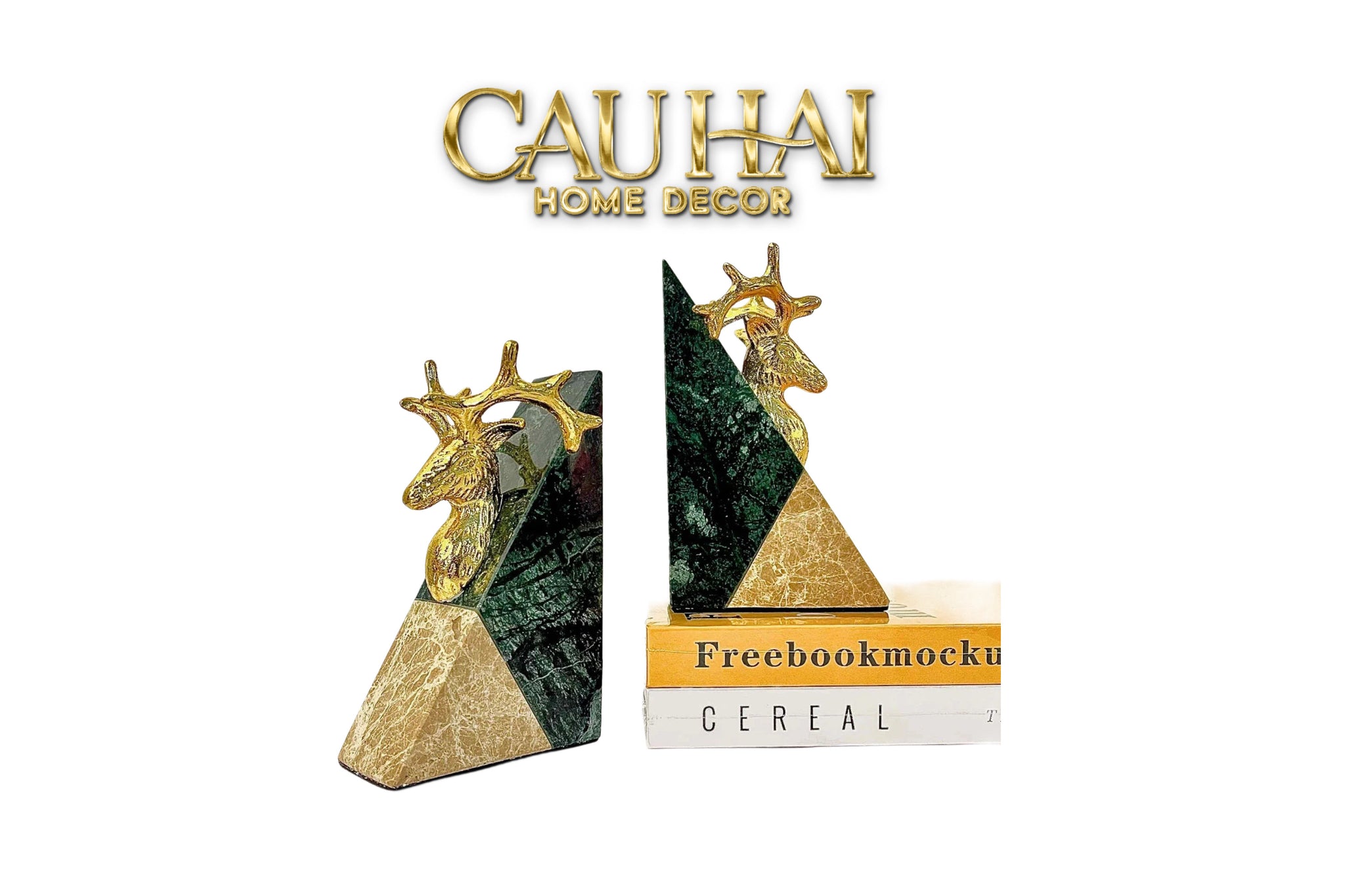 Maison Couture - Set Tượng Chặn Sách Đá Marble Brasson Divine Antler Bookend 20x10x15-CẬU HAI HOME DECOR
