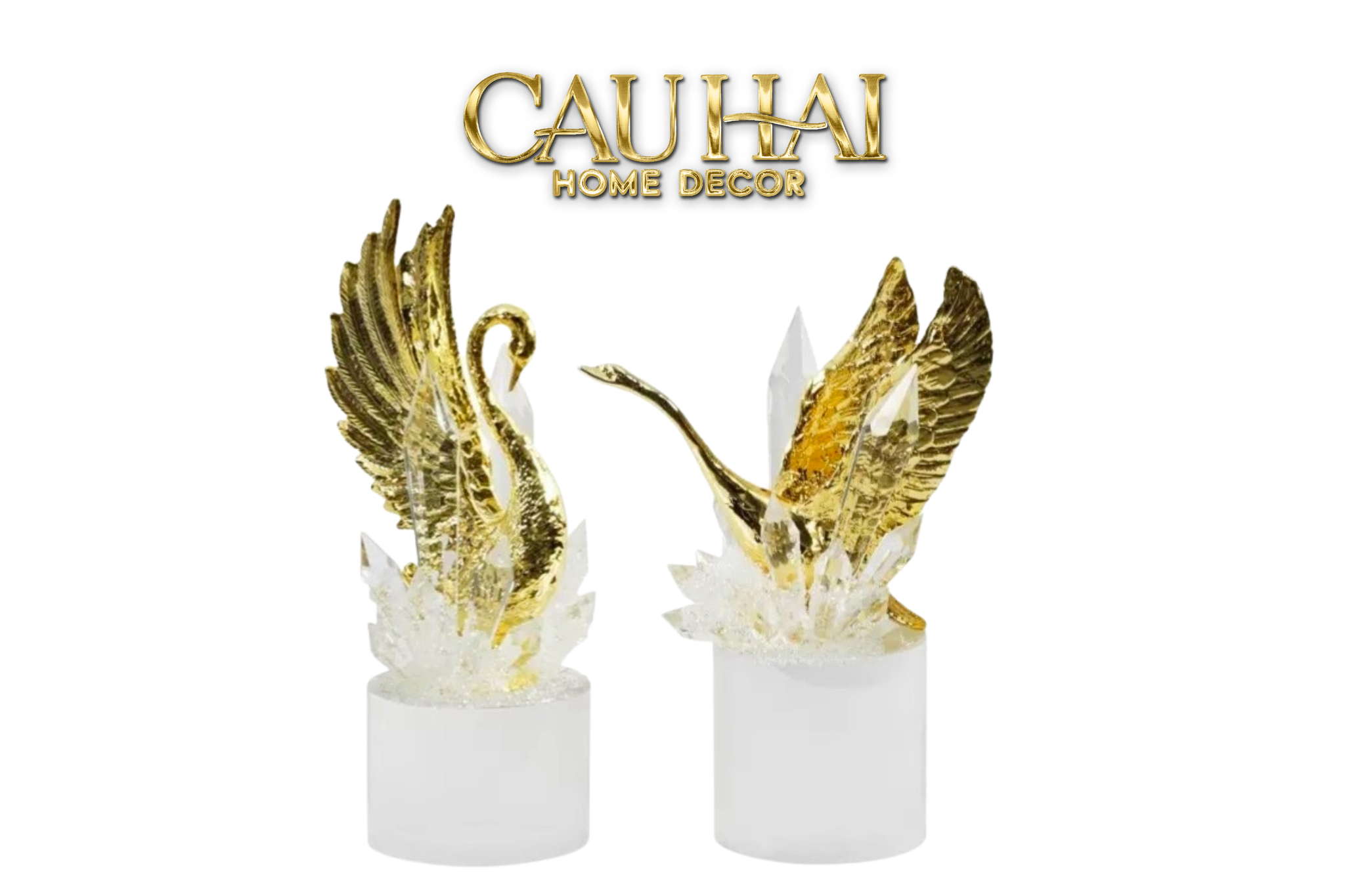 Maison Couture - Set Tượng Đôi Thiên Nga Cygnes Royaux aux Ailes Déployées Cristalleries Quartz Blanc 22/25 - CẬU HAI HOME DECOR