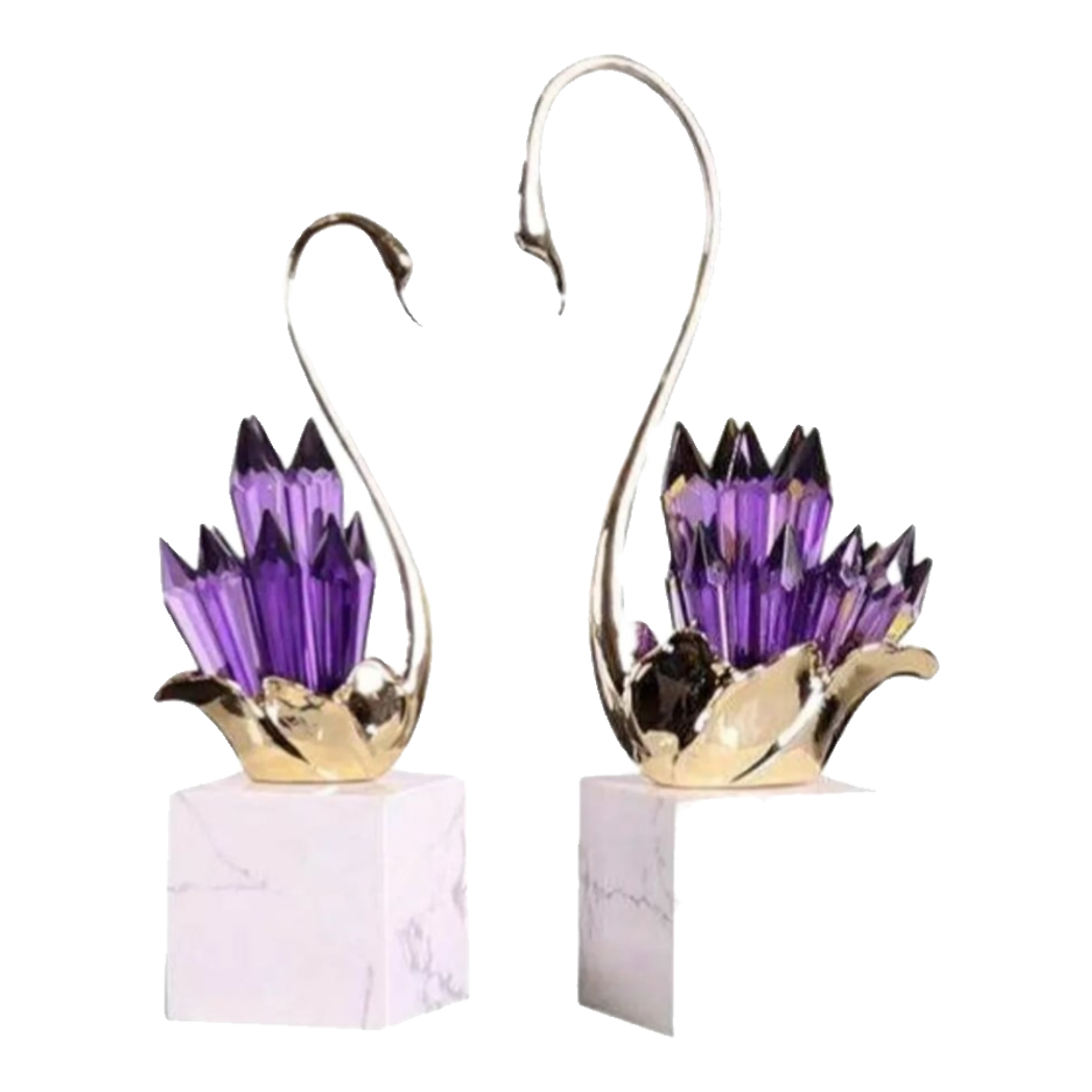 Maison Couture - Set Tượng Thiên Nga Pha Lê Tím Đế Đá Marble Swan D’Amour - Lilac Cristalleries