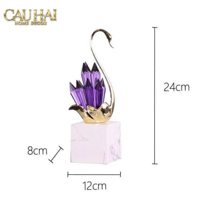 Maison Couture - Set Tượng Thiên Nga Pha Lê Tím Đế Đá Marble Swan D’Amour - Lilac Cristalleries-CẬU HAI HOME DECOR