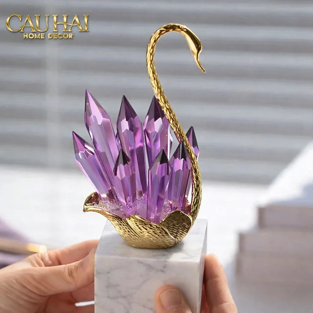 Maison Couture - Set Tượng Thiên Nga Pha Lê Tím Đế Đá Marble Swan D’Amour - Lilac Cristalleries-CẬU HAI HOME DECOR