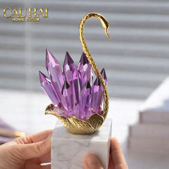 Maison Couture - Set Tượng Thiên Nga Pha Lê Tím Đế Đá Marble Swan D’Amour - Lilac Cristalleries-CẬU HAI HOME DECOR