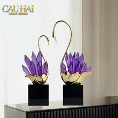 Maison Couture - Set Tượng Thiên Nga Pha Lê Tím Đế Đá Marble Swan D’Amour - Lilac Cristalleries-CẬU HAI HOME DECOR