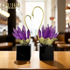 Maison Couture - Set Tượng Thiên Nga Pha Lê Tím Đế Đá Marble Swan D’Amour - Lilac Cristalleries-CẬU HAI HOME DECOR