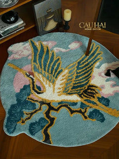 Maison Couture - Thảm Tròn Sợi Dệt D120 -Celestial Crane Nuage d’Azur Art Rugs-THẢM TRÒN - THẢM BED-CẬU HAI HOME DECOR