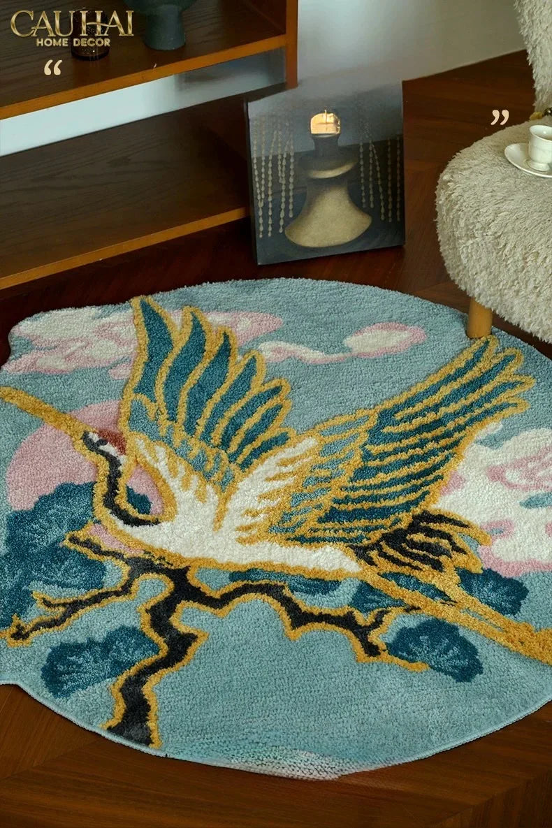 Maison Couture - Thảm Tròn Sợi Dệt D120 -Celestial Crane Nuage d’Azur Art Rugs-CẬU HAI HOME DECOR