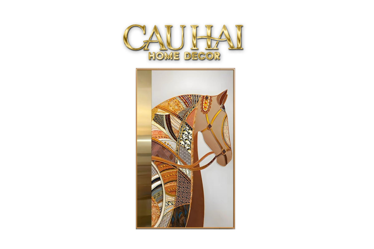 Maison Couture — Tranh Canvas Khung Nhôm Kháng Nước Équestre Royal H Class Gold With Line Wire Art 90x150-Tranh Canvas-CẬU HAI HOME DECOR