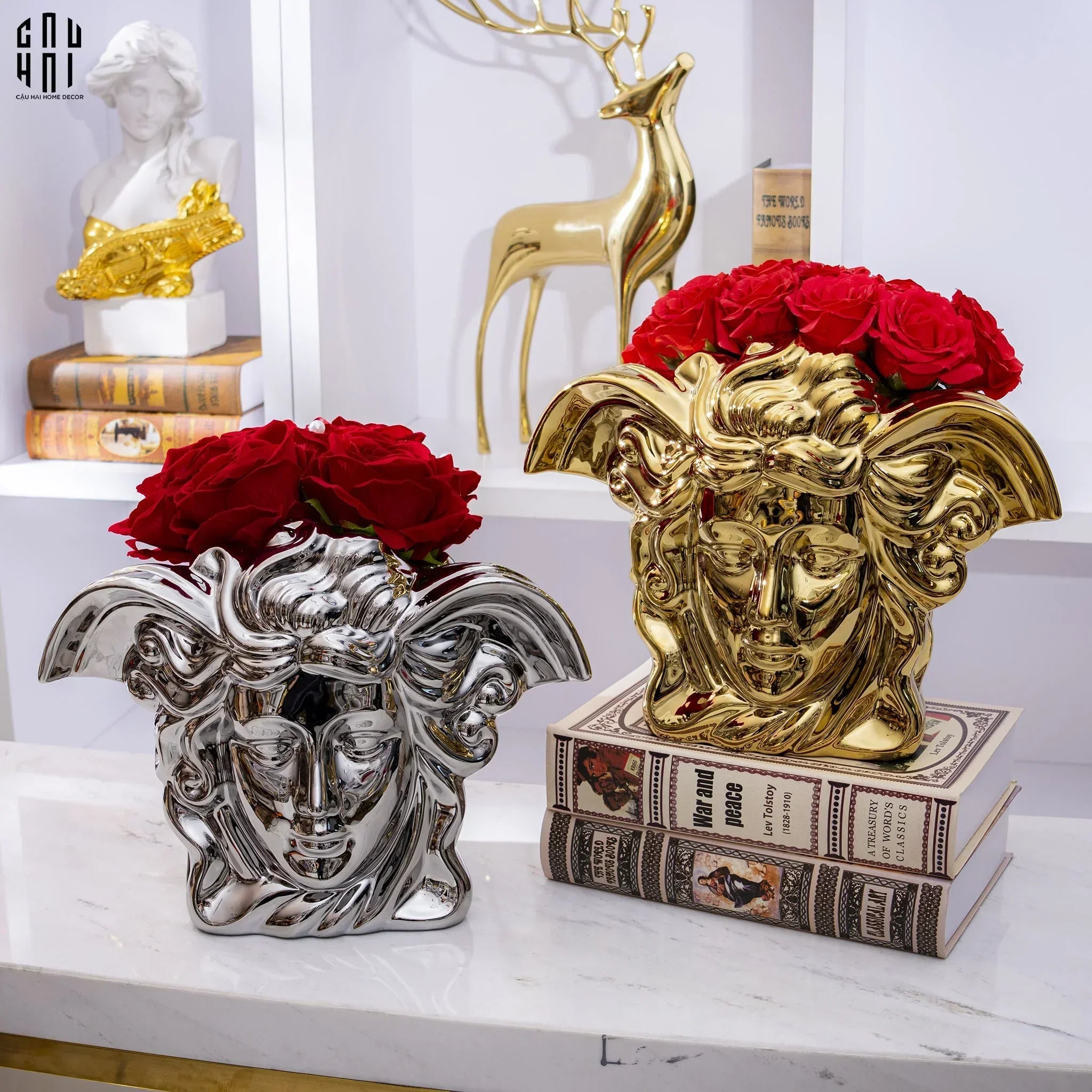 Maison Couture - Tượng Bình Hoa V Class Golden Goddess Medusa Fascination 20x34x22-TƯỢNG TRANG TRÍ-CẬU HAI HOME DECOR