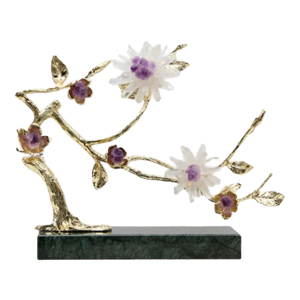 Maison Couture - Tượng Nhánh Cây Bằng Đồng Đá Thạch Anh Trắng White Quartz Harmony Amethyst Blooming 25x40