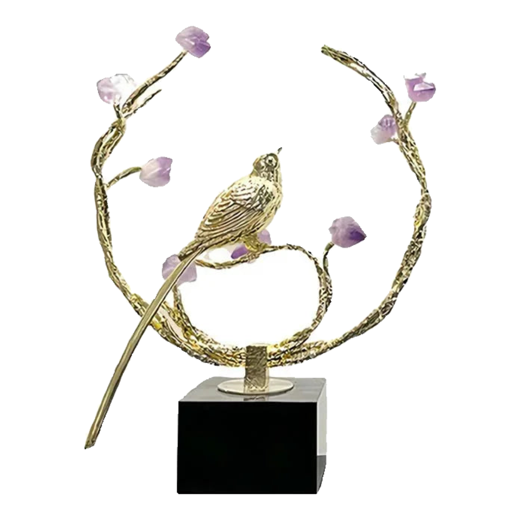 Maison Couture - Tượng Đồng Đá Thạch Anh Tím - Amethyst Branch Golden Bird Harmony 27x18.5