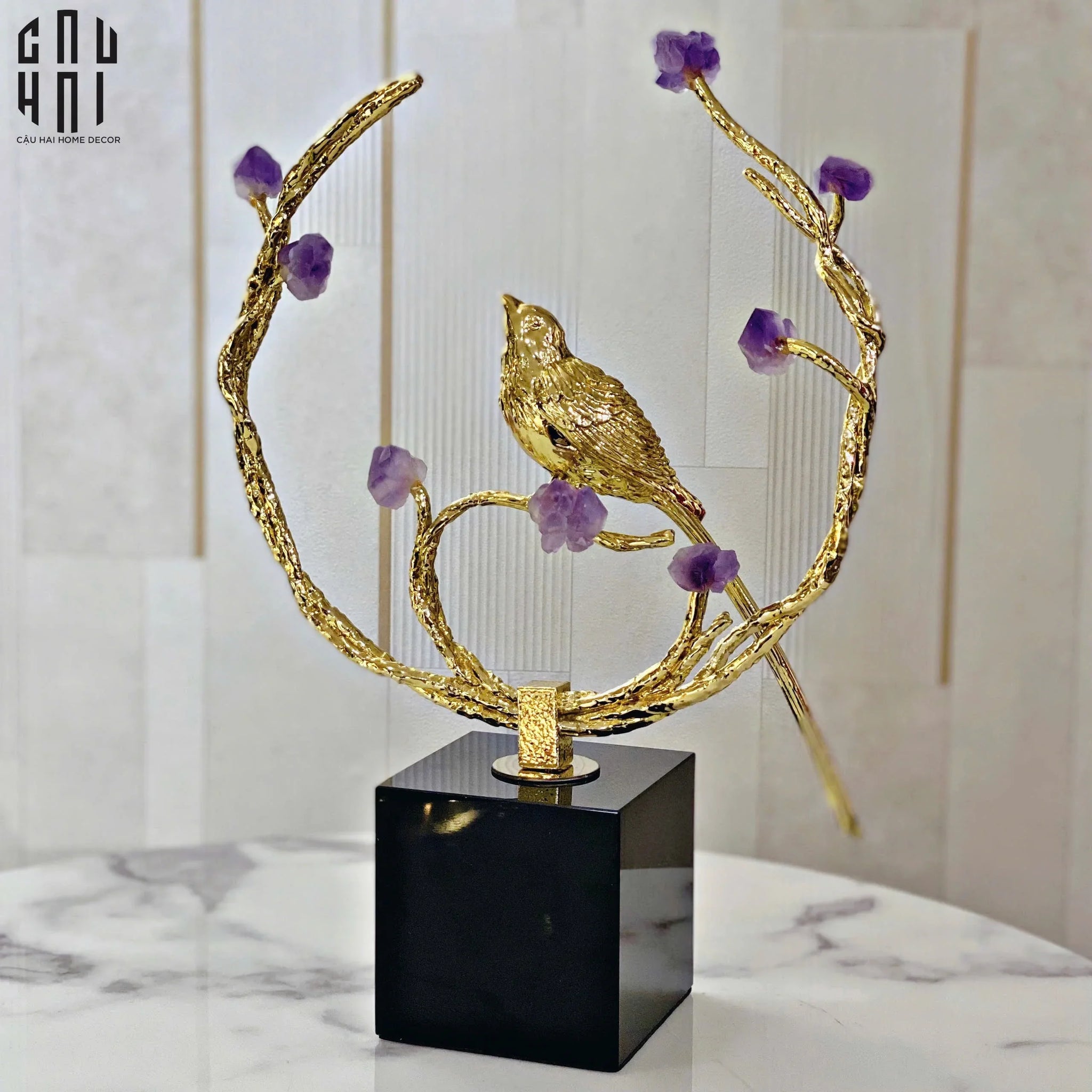 Maison Couture - Tượng Đồng Đá Thạch Anh Tím - Amethyst Branch Golden Bird Harmony 27x18.5-TƯỢNG TRANG TRÍ-CẬU HAI HOME DECOR