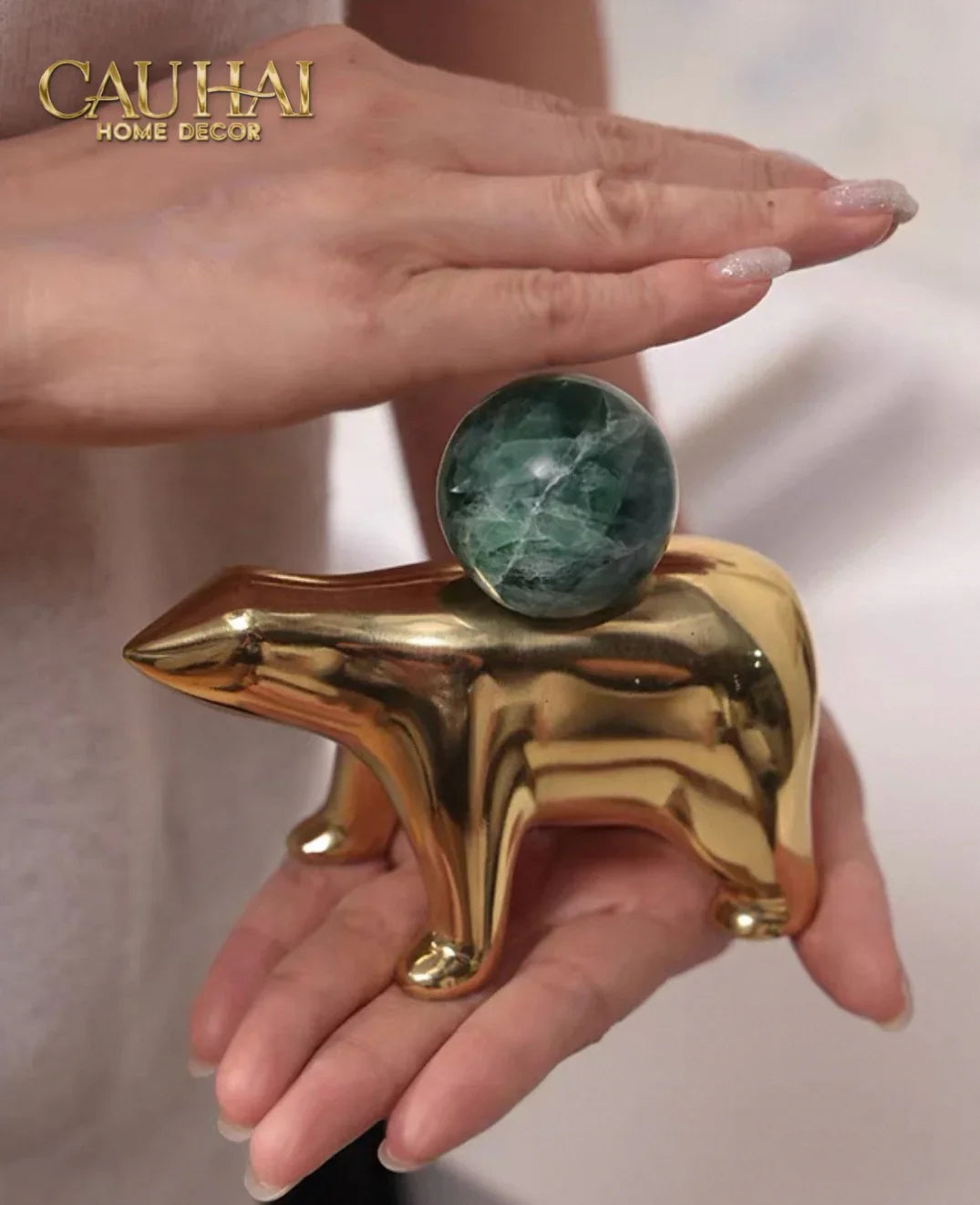 Maison Couture - Tượng Đồng Gấu Polar Bear Gemstone Vert Emerald Malachite 18x14-CẬU HAI HOME DECOR