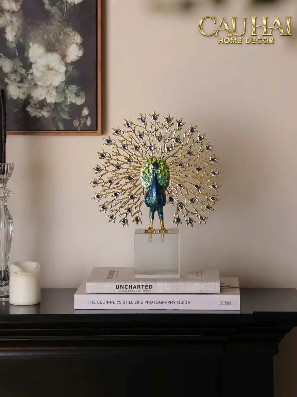 Maison Couture - Tượng Đồng Khổng Tước Đá Sapphire - Le Paon Impérial Bleu Saphir Cristalleries-CẬU HAI HOME DECOR