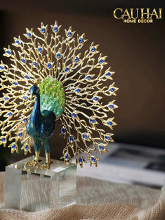 Maison Couture - Tượng Đồng Khổng Tước Đá Sapphire - Le Paon Impérial Bleu Saphir Cristalleries-CẬU HAI HOME DECOR